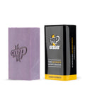 Suede and nubuck scuff eraser set with purple cleaning sponge and black yellow tin