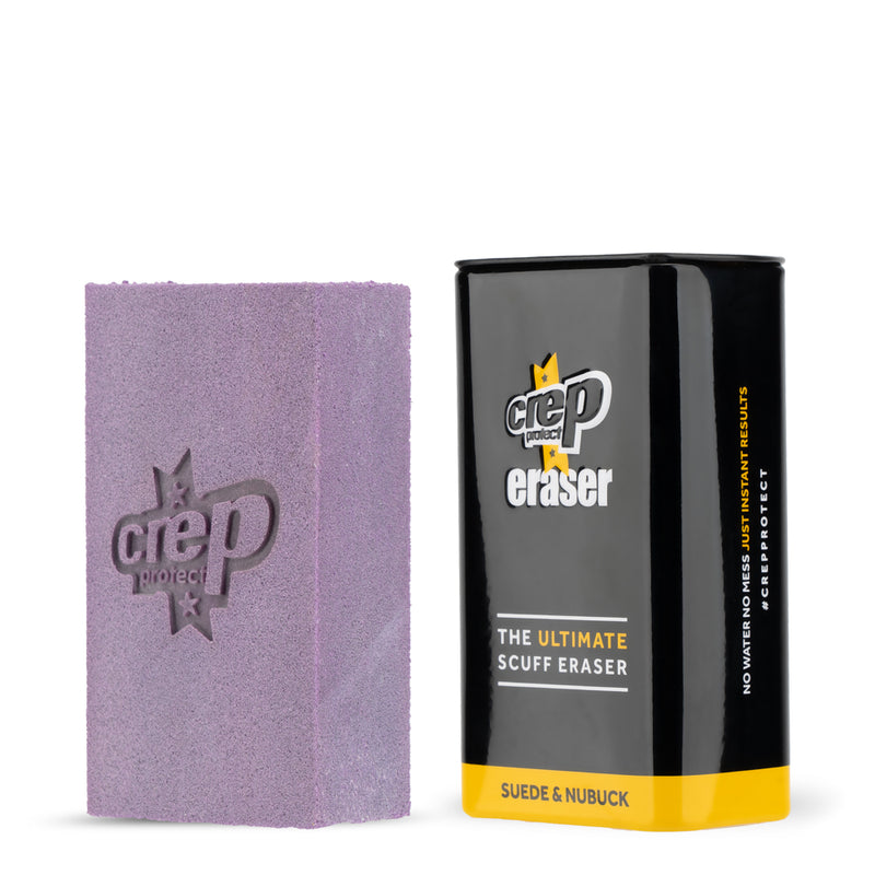 Suede and nubuck scuff eraser set with purple cleaning sponge and black yellow tin