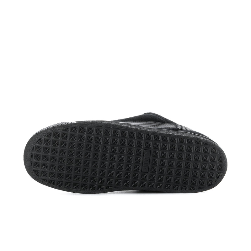 Black suede sneaker outsole view with textured traction tread and thick heel