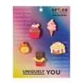 Five colorful dessert-themed Jibbitz charms (cupcake, ice cream cone, donut, candy)