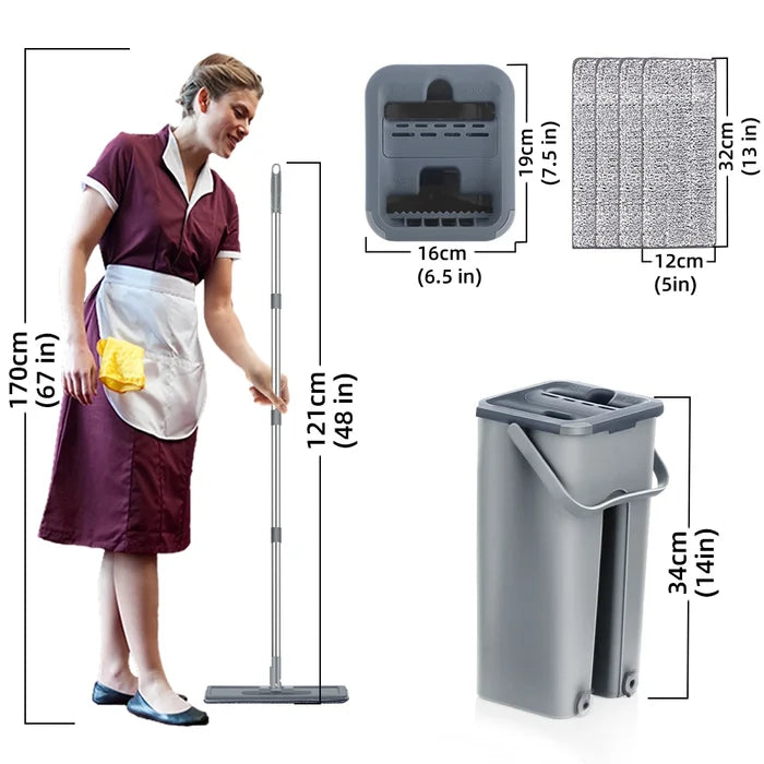 SwiftClean™ Hands-Free Flat Mop & Bucket Set – Washable Microfiber Pads for Hardwood & Tile Floors