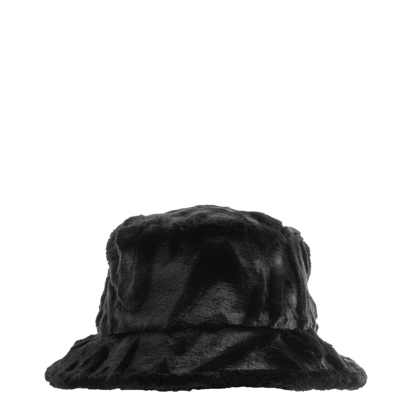 Black faux fur bucket hat with soft brim and curved crown