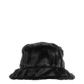 Black faux fur bucket hat with soft brim and curved crown
