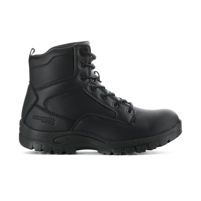Black mid-height lace-up work boots with padded collar and rugged rubber sole.