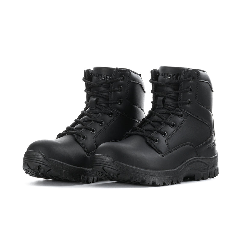 Black lace-up mid boots with side panels and chunky treaded outsole.
