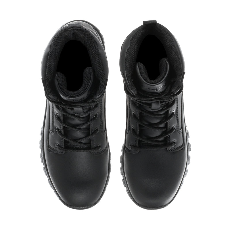 Black interior view of lace-up boots showing padded lining and tongue.
