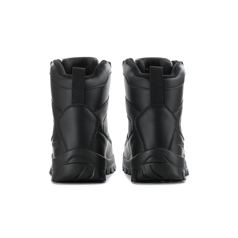 Black lace-up ankle boots with pull tabs and thick treaded outsole.