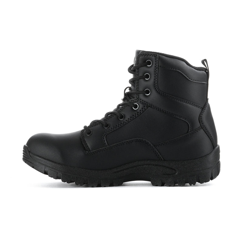 Black mid-height lace-up boot with stitched overlays and lace eyelets.