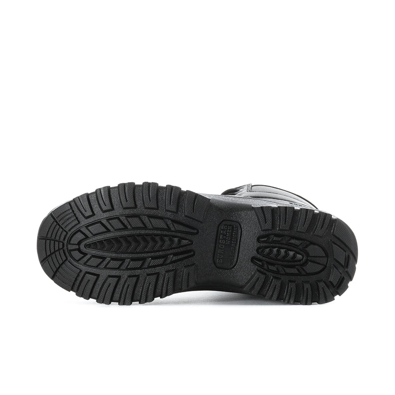 Black outsole tread view with rugged traction pattern and thick rubber sole.