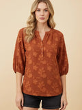 Textured Floral Puff Sleeve Split Neck Blouse
