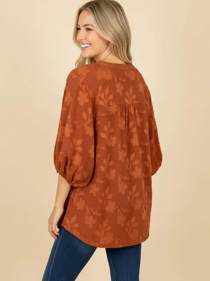 Textured Floral Puff Sleeve Split Neck Blouse