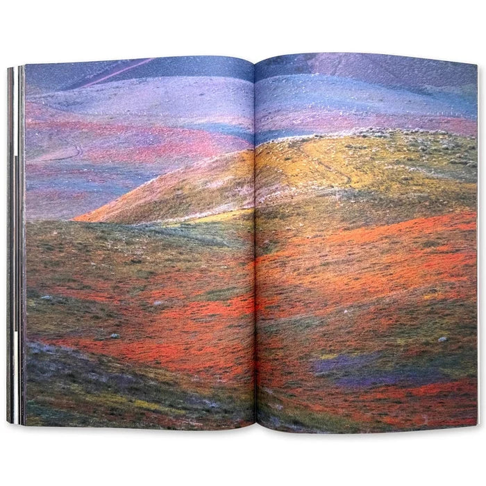 An open book displays a landscape photo of rolling hills covered in vibrant red green and purple wildflowers