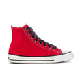 Men's red high-top sneakers with black laces and white rubber toe cap