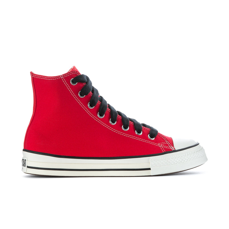 Men's red high-top sneakers with black laces and white rubber toe cap