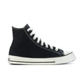 Black high-top sneakers with white laces, white toe cap, and black/white striped sole