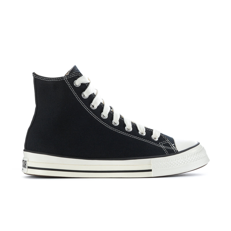 Black high-top sneakers with white laces, white toe cap, and black/white striped sole