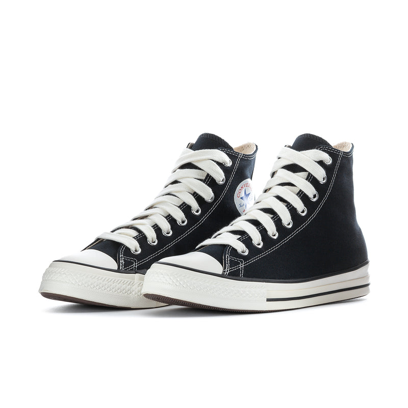 Pair of black high-top sneakers with white laces and canvas toe caps