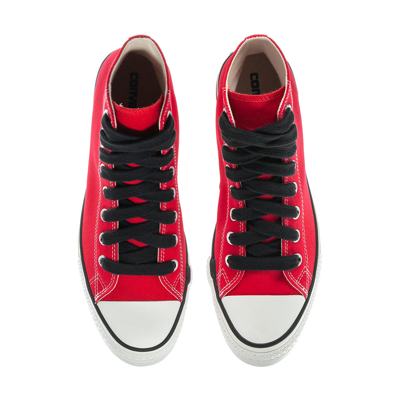 Men's red high-top sneakers, front view, black laces, white toe caps