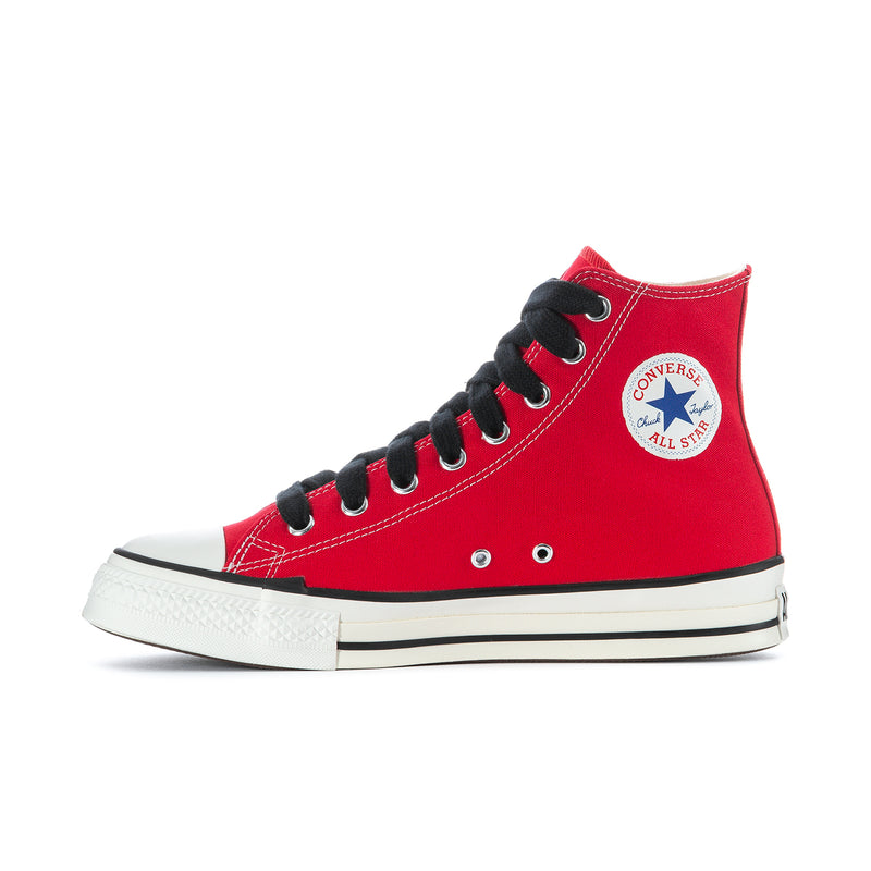 Men's red high-top sneakers with Converse All Star side logo and black laces