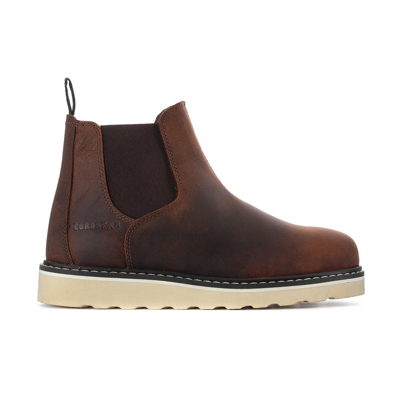Men's brown ankle chelsea boot with elastic side panels and pull tab