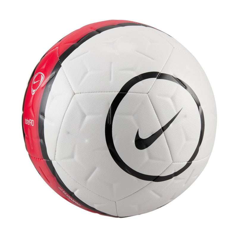 White soccer ball with black Nike swoosh, red side panel accents, textured seams
