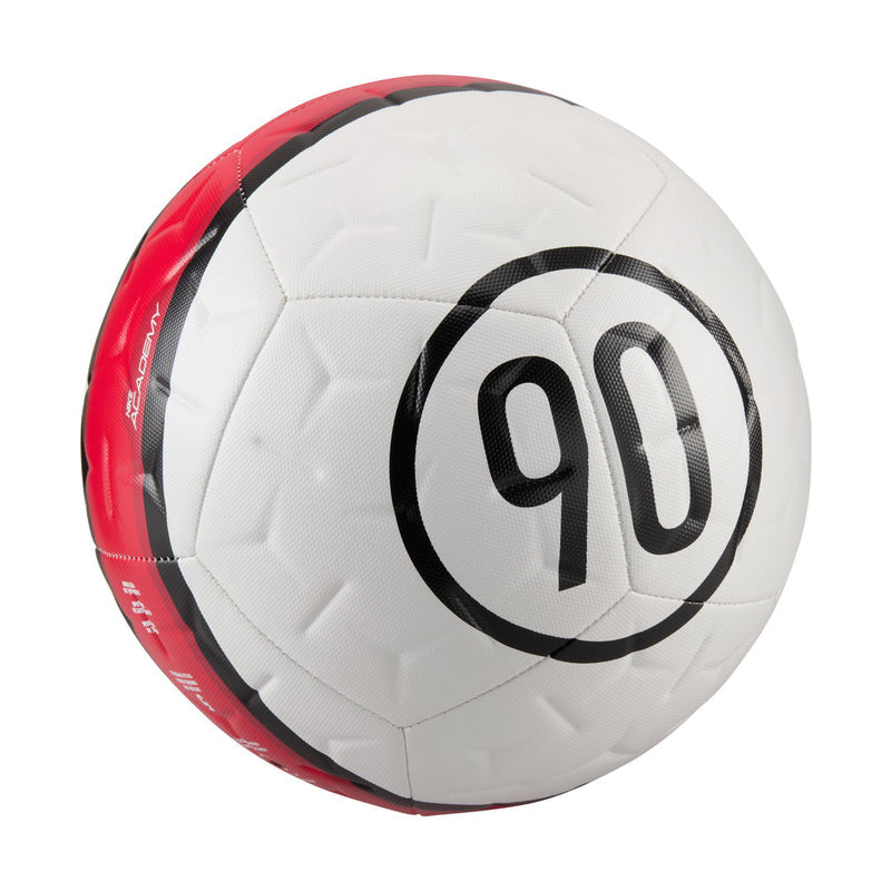 White soccer ball with large black '90' graphic, red side panel, textured panels