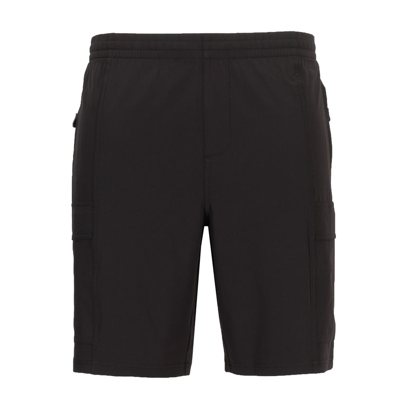 Men's black woven cargo shorts with elastic waist and side cargo pockets