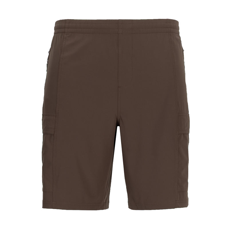 Men's chestnut woven cargo shorts with elastic waistband and front pockets