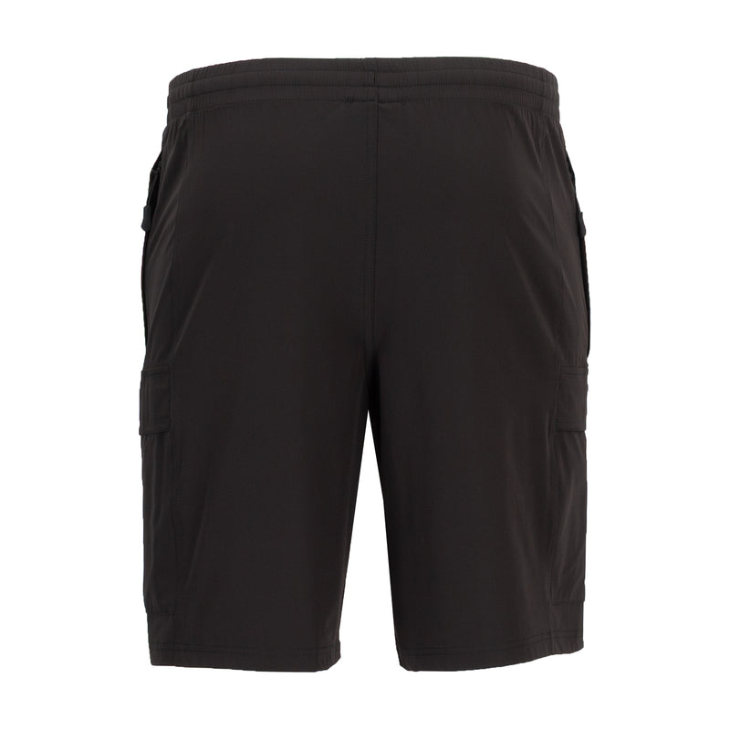 Men's black cargo shorts with elastic waist and side flap pockets