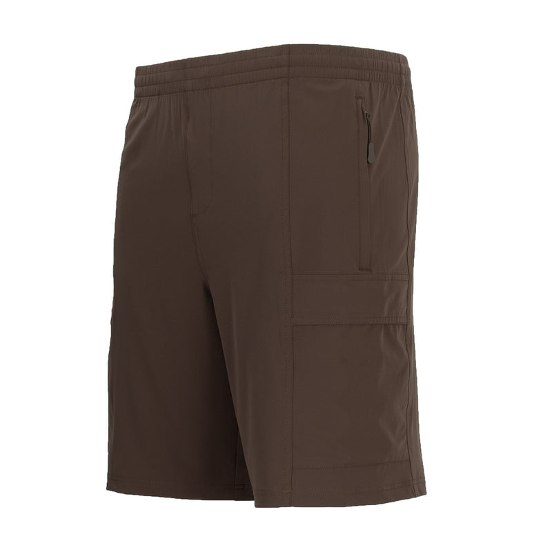 Men's chestnut woven cargo shorts flat view with back flap cargo pocket
