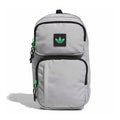 Light grey sling bag with black trim, green pull tabs, front patch logo, top handle