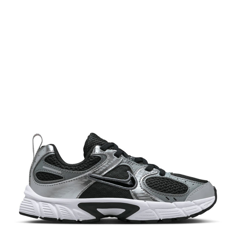 Kids running sneakers in black, gray and white with mesh panels and lace-up.