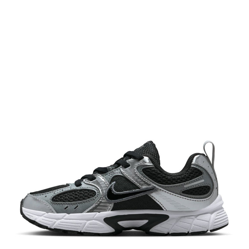 Kids lace-up running shoes with silver-gray overlays, black mesh, and white midsole.