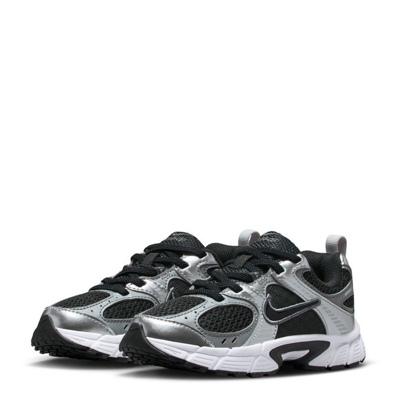 Kids running sneakers with black mesh, silver-gray accents, and bold white outsole.