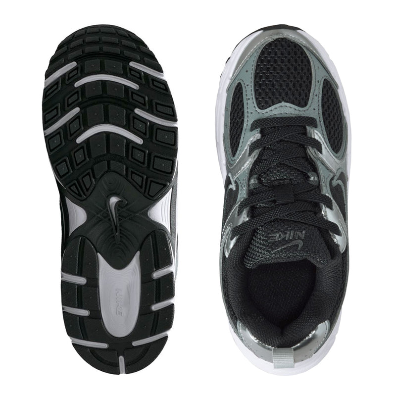 Kids sneakers outsole and heel view in black and white with tread pattern.