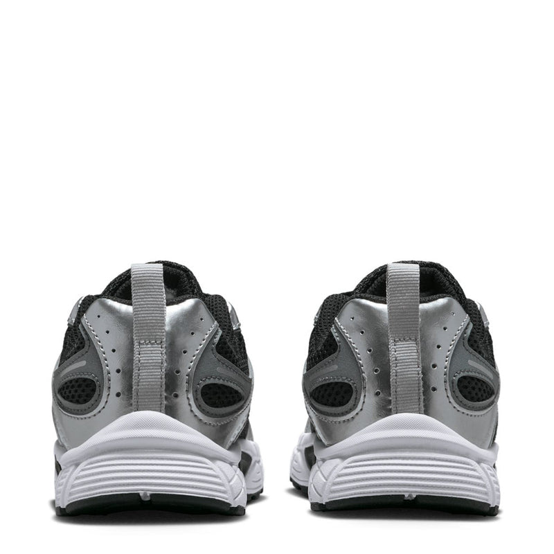 Kids sneakers heel and collar view with gray leather, black mesh, and white sole.