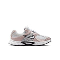 Youth sneakers, off-white mesh with pink suede overlays and Nike side swoosh.