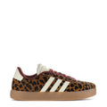 Women’s low-top sneaker in leopard print with white stripes and burgundy laces