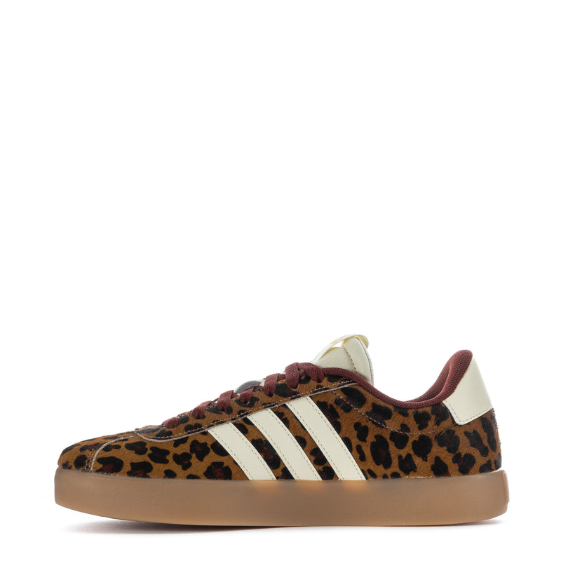 Women’s low-top sneaker, leopard upper, white triple stripes, burgundy lace-up