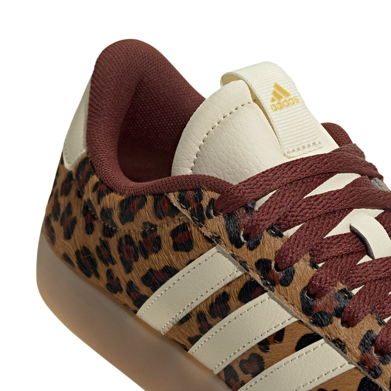 Women’s sneaker with leopard upper, burgundy laces, cream collar and adidas tab