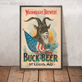 A framed image of Wainwright Brewery Vintage Buck Beer Poster, 1895