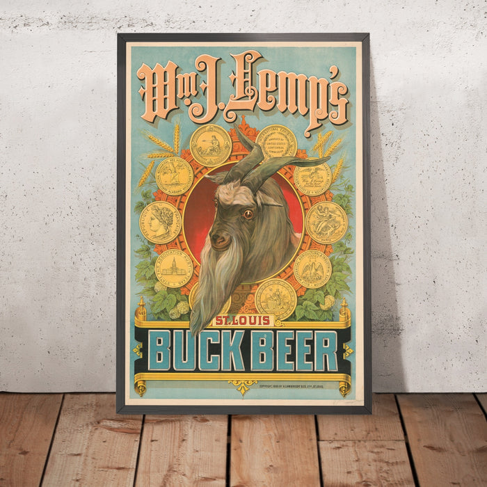 A framed image of Wm. J. Lemp’s Vintage Buck Beer Poster, 1886