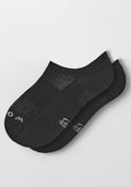 A pair of Woolx Womens Daisy Ped Socks in Black Pepper with mesh ventilation on top and small white text near the toes, shown on a plain white background.