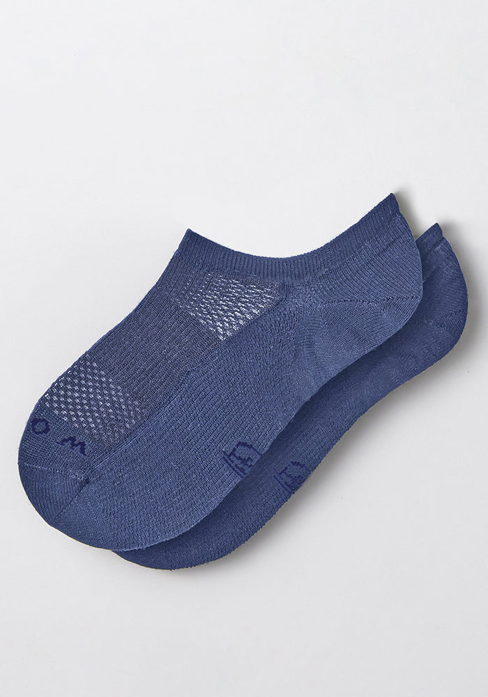 A pair of Woolx Womens Daisy Ped Socks - Skyline with mesh detail, shown flat on a light gray background.