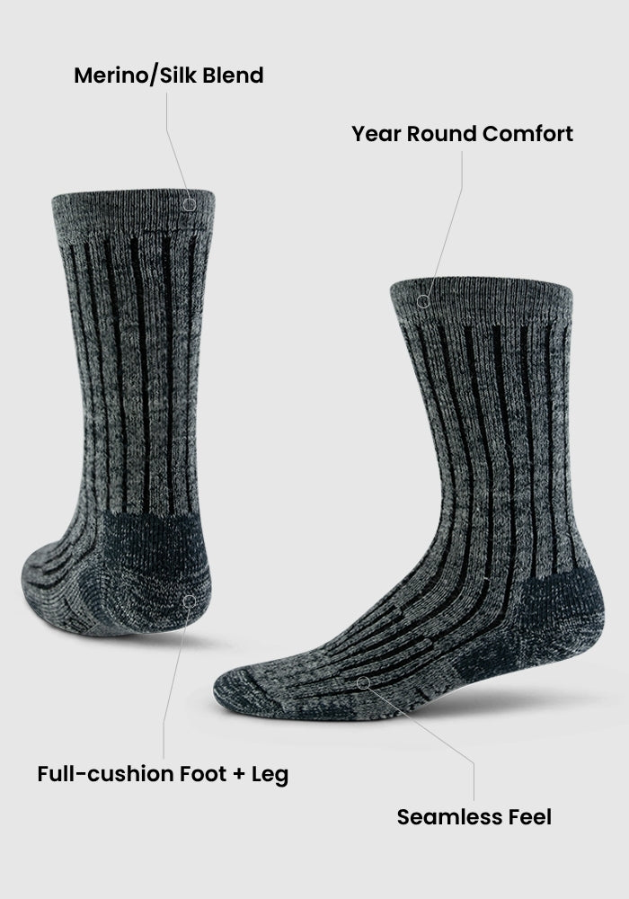 Two gray and black Woolx Joey Crew Socks - Wildflower are shown with a ribbed texture. Features: cozy Merino/silk blend, all-season comfort, full-cushion foot and leg, plus a seamless feel.