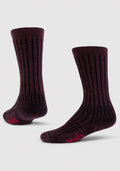 The Woolx Mens Joey Mid Calf Socks in Warm Violet feature vertical black stripes and red "woolx" text on the toe. Made from moisture-wicking Merino wool, they're shown against a plain white background.