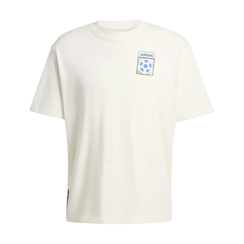 Off-white men's T-shirt with adidas chest logo and World Cup flag graphic