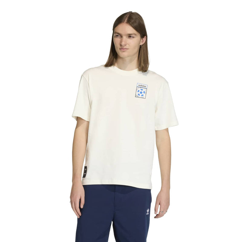 Off-white graphic T-shirt on model, adidas chest logo detail