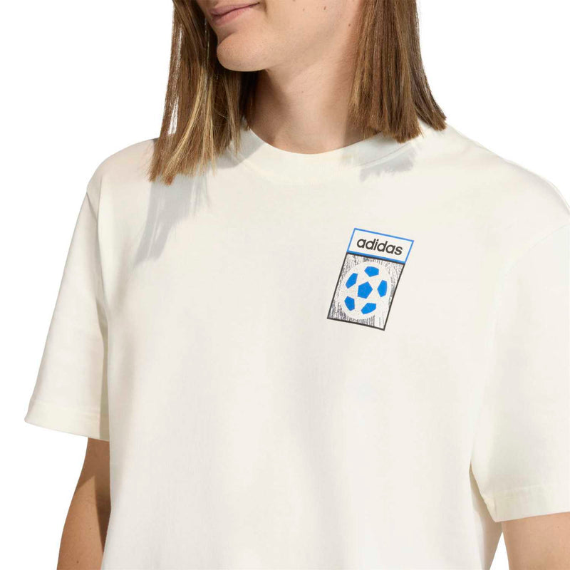 Off-white men's T-shirt with adidas logo and blue World Cup flag print