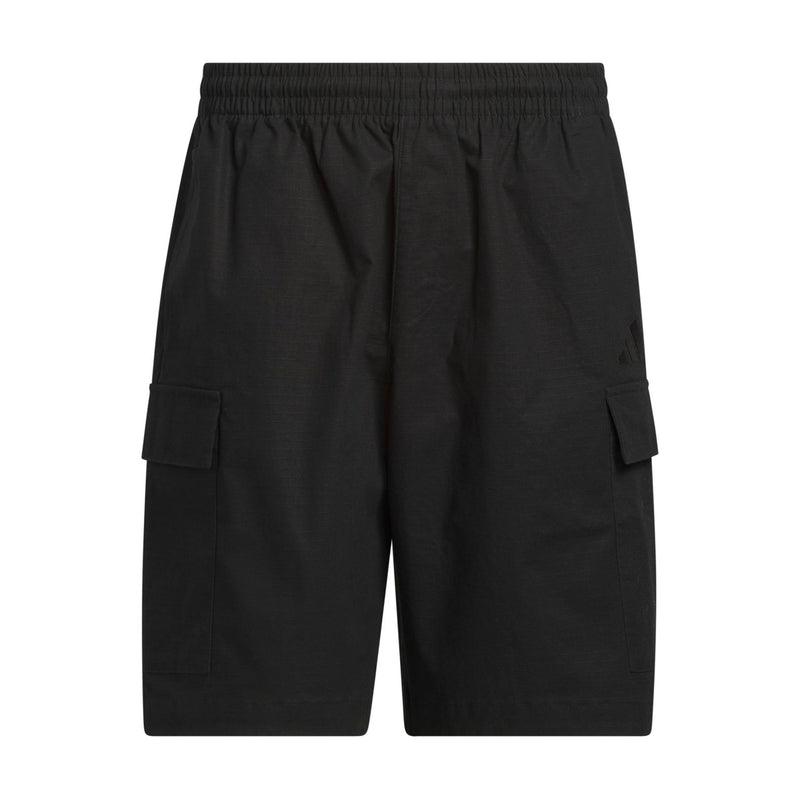 Men's black woven cargo shorts with elastic waist and side cargo pockets